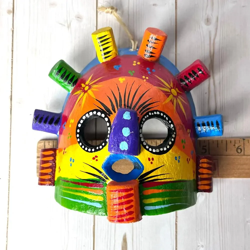 Aya Huma Mask Artisan Crafted Carved Wood Ecuador Bright Colors Rainbow 4.5